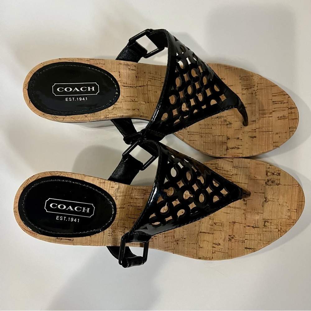 Women’s Coach Black Brookk OP Art patent leather wedge heels shoes. Size 8. - Picture 6 of 11